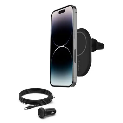 Produktbild: Belkin BoostCharge drahtloser magnetischer Kfz-Telefon-Halter, Kfz ladegerät compatibel mit MagSafe-fähigem iPhone 16, iPhone 15, iPhone 14, iPhone 13, iPhone 12 (inkl. Kabel und Ladegerät)