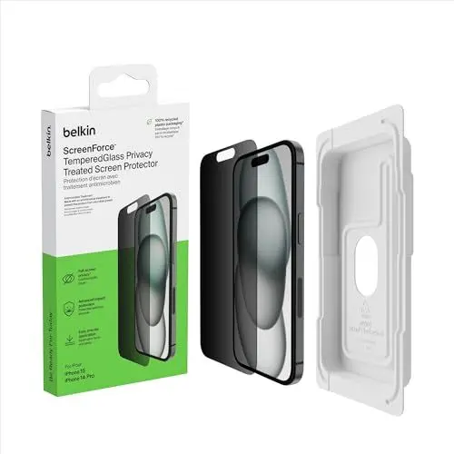 Produktbild: Belkin ScreenForce TemperedGlass antimikrobielle Display-Privacy-Schutzfolie für iPhone 15 und iPhone 14 Pro, dünn und kratzfest, inklusive Positionierungsschale für eine blasenfreie Applikation