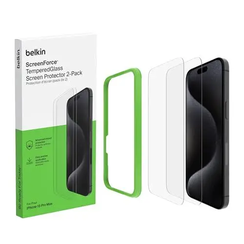 Produktbild: Belkin ScreenForce TemperedGlass antimikrobielle Display-Schutzfolie für iPhone 15 Pro Max, kristallklar, kratzfest, Positionierungsrahmen für Blasenfreie Applikation, 2er-Pack, Exklusiv bei Amazon
