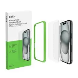 Produktbild: Belkin ScreenForce TemperedGlass Schutzfolie für iPhone 16, dünn iPhone Folie, kristallklar Schutzglas, kratzfest, Displayschutz für iPhone 16 oder iPhone 15, Blasenfreie Applikation, 2er-Pack