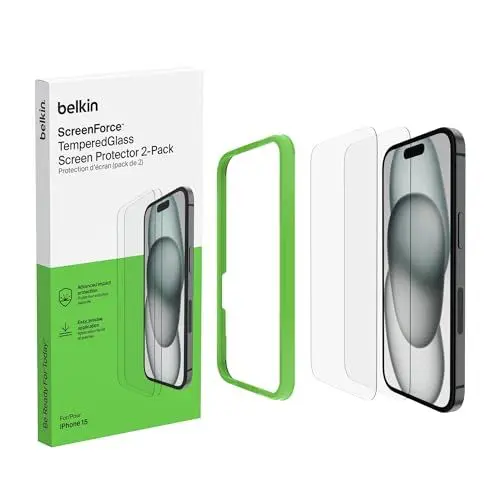 Produktbild: Belkin ScreenForce TemperedGlass Schutzfolie für iPhone 16, dünn iPhone Folie, kristallklar Schutzglas, kratzfest, Displayschutz für iPhone 16 oder iPhone 15, Blasenfreie Applikation, 2er-Pack