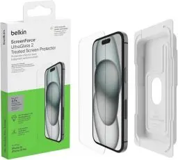 Produktbild: Belkin ScreenForce UltraGlass 2 antimikrobielle iPhone 15, Display-Schutzfolie, kratzfest, dünnes Glas, in Tests bestätigter Härtegrad 9H für iPhone 15/iPhone 14 Pro, blasenfreien Anbringung