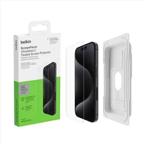 Produktbild: Belkin ScreenForce UltraGlass 2 antimikrobielle iPhone 15 Pro Display-Schutzfolie, kratzfest, dünnes Glas, Härtegrad 9H, mit Positionierungsschale zur blasenfreien Anbringung