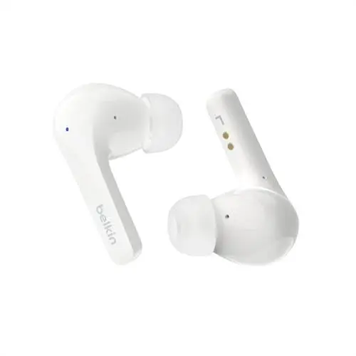 Produktbild: Belkin SoundForm™ Motion True Wireless In-Ear-Kopfhörer, Noise Cancelling, kabelloses Ladecase, 2 Mikrofone, Spritzwasserschutz, Schutzart IPX5, Bluetooth-Earbuds für iPhone, Samsung – Weiß