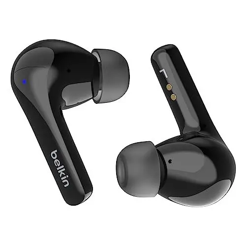 Produktbild: Belkin SoundForm™ Motion True Wireless In-Ear-Kopfhörer, Noise Cancelling, kabelloses Ladecase, 2 Mikrofone, Spritzwasserschutz der Schutzart IPX5, Bluetooth-Earbuds für iPhone, Samsung – Schwarz