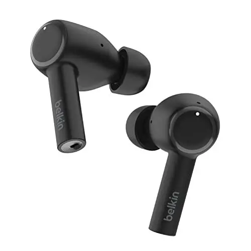 Produktbild: Belkin SoundForm™ Pulse In-Ear-Kopfhörer mit Geräuschunterdrückung, kabelloses Ladecase, 3 Mikrofone je Ohrhörer, Spritzwasserschutz (Schutzart IPX5), Bluetooth-Kopfhörer für iPhone, Samsung – Schwarz