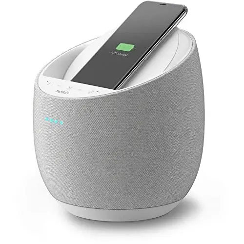 Produktbild: Belkin SoundForm Elite Hi-Fi Smart Speaker mit drahtlosem Ladegerät (sprachgesteuerter Bluetooth-Lautsprecher mit Amazon Alexa, Tontechnik von Devialet, geeignet für AirPlay2) – Weiß