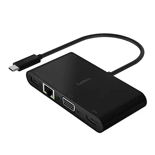 Produktbild: Belkin USB-C-Multimedia-Adapter (USB-C-Hub mit VGA, 4K HDMI, USB 3.0, Ethernet-Ports) mit 100 W Leistung für Geräte wie MacBook Pro, iPad Pro, Surface Pro und Chromebook