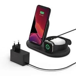Produktbild: Belkin drahtloses 3-in-1 Ladegerät (kabellose 7,5-W-Ladestation für iPhone, Apple Watch und AirPods) – kabelloses Ladedock, drahtlose iPhone Ladestation, Apple Watch Ladeständer – Schwarz
