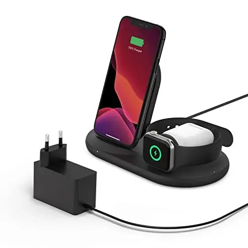 Produktbild: Belkin drahtloses 3-in-1 Ladegerät (kabellose 7,5-W-Ladestation für iPhone, Apple Watch und AirPods) – kabelloses Ladedock, drahtlose iPhone Ladestation, Apple Watch Ladeständer – Schwarz