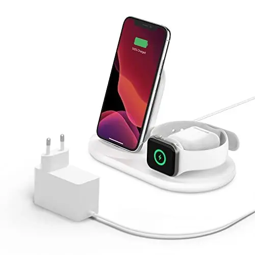 Produktbild: Belkin drahtloses 3-in-1 Ladegerät (kabellose 7,5-W-Ladestation für iPhone, Apple Watch und AirPods) – kabelloses Ladedock, drahtlose iPhone Ladestation, Apple Watch Ladeständer – Weiß