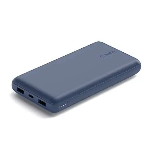 Produktbild: Belkin tragbares USB-C-Ladegerät, 20.000mAh, 20K Powerbank mit USB-C-Ein-/Ausgang und 2 USB-A-Anschlüssen mit USB-C/USB-A-Kabel für iPhone, Galaxy, Pixel, iPad, AirPods und andere Geräte – Blau