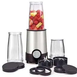 Produktbild: BELLA Raketenmixer in persönlicher Größe, perfekt für Smoothies, Shakes und gesunde Getränke, leicht zu mahlen, Basis mit 240-W-Motor, 12-teiliges Mixer-Set, Edelstahl/schwarz