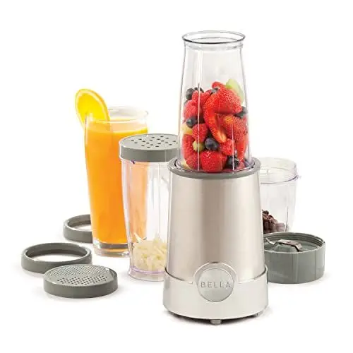 Produktbild: BELLA Raketenmixer in persönlicher Größe, perfekt für Smoothies, Shakes und gesunde Getränke, leicht zu mahlen, Basis mit 285-W-Motor, 12-teiliges Mixer-Set, Edelstahl