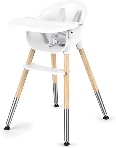 Produktbild: Bellababy Baby Hochstuhl, Classic Holz Kinderhochstuh für Babys und Kleinkinder, 5-Punkt Gurt, Babystuh Abnehmbares Tablett, Ergonomische Sitzlehne, Einfach zu Montieren und zu Reinigen, Leicht, Weiß