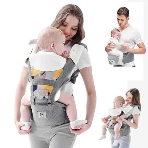 Produktbild: Bellababy Babytrage, All-In-One Babytrage für Neugeborene ab Geburt, Babys & Kleinkinder (0-36Monate), verstellbarer Sitz, Baby-Tragetasche 3 Trage Positionen(Grau)