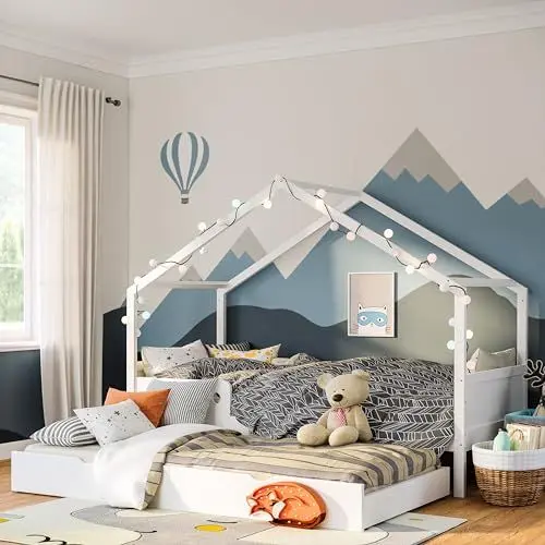 Produktbild: Bellabino Bela Kinderbett 90x200 cm – Hausbett mit Rausfallschutz & Lattenrost – Kinder Bett mit Gästebett für Jungen und Mädchen – Montessori Kinderhausbett aus Holz in Weiß