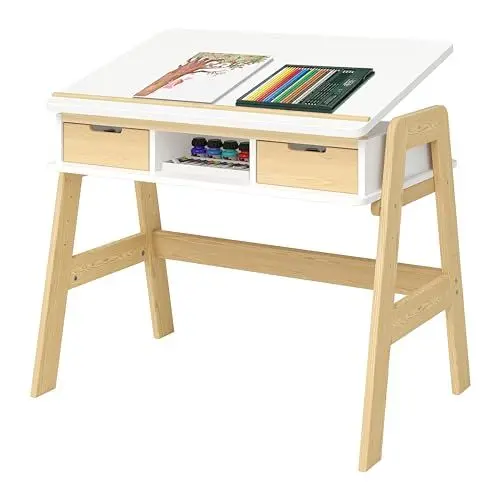 Produktbild: Bellabino Campo Kinderschreibtisch höhenverstellbar 56-75 cm – Schreibtisch Kinder ab 6 Jahren mit neigbarer Tischplatte & 2 Schubladen – Schülerschreibtisch mit viel Stauraum aus Massivholz in Weiß
