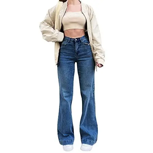 Produktbild: Bell-Bottom-Jeans für Damen Hoch taillierte Flare-Jeans für Damen Dehnbare Schlaghosen High Waist Hose 44 (Dark Blue, XL)