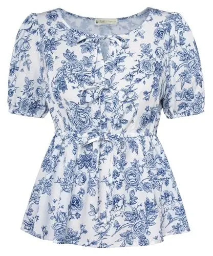 Produktbild: Belle Poque Bluse Damen Puffle Kurzarm Rundhalsausschnitt Tops Tie Front Floral Peplum Tops Sommer Casual Dressy Bluse Shirt