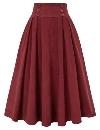 Produktbild: Belle Poque Damen A-Linie Rock Midi Swing Rock für Tea Party Eleganter Cordrock für Hemden Wein BP0859-02 S
