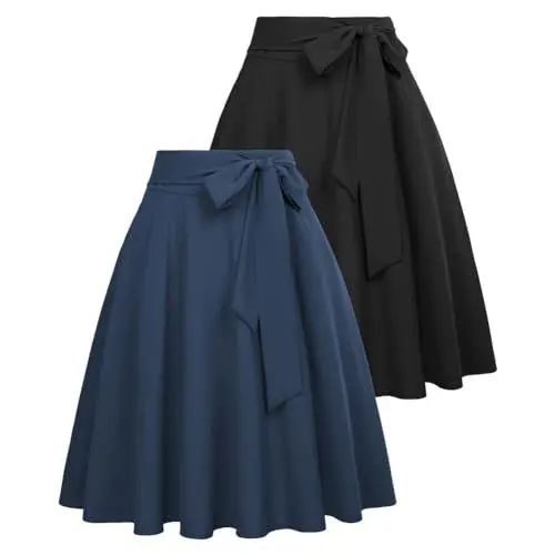 Produktbild: Belle Poque Damen A-Linie Rock Hoher Taille Rockabilly Midi Rock mit Taschen und Gürtel