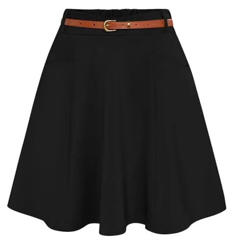 Produktbild: Belle Poque Damen Einfarbig Skaterrock mit Gürtel Hohe Taille Aufgeweitet A-Linie Minirock für den Täglichen Schwarz BP0956-01 L