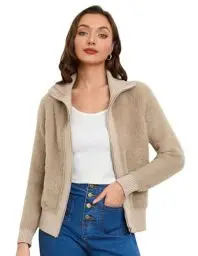 Produktbild: Belle Poque Damen Elegant Strickjacke Reißverschluss Reverskragen Fleecejacke Cardigan Kurz Aprikose XXL