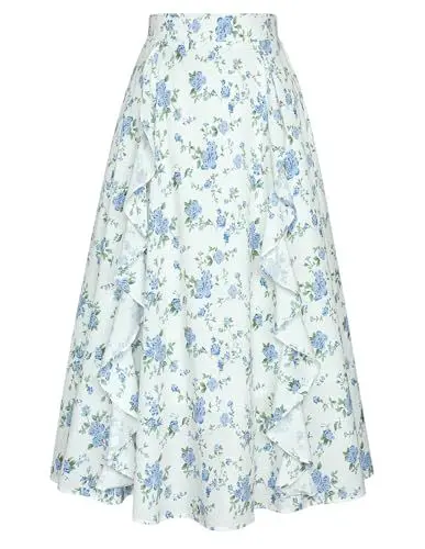 Produktbild: Belle Poque Damen Rock Sommer Casual Flowy Swing Blumen Röcke für Strand Hohe Taille A-Linie Midi-Rock