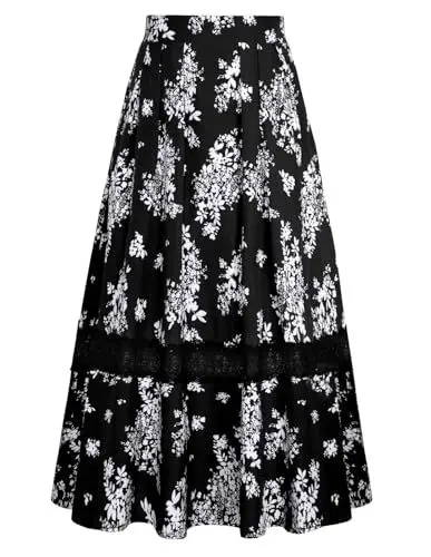 Produktbild: Belle Poque Damen Sommerrock Boho Lightweight Flowy Plisseerock mit Tasche Schwarz-Weiß Blumen XL