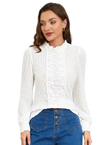 Produktbild: Belle Poque Damen Stretch Spitzenoberteile Langarm Herbst Herbst Weiche Bluse für Party Weiß XXL