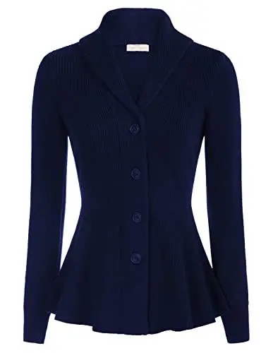 Produktbild: Belle Poque Damen Strickjacke Langarm Strickcardigan mit Knopf Casual Elegant Reverskragen Rüschensaum Marineblau S