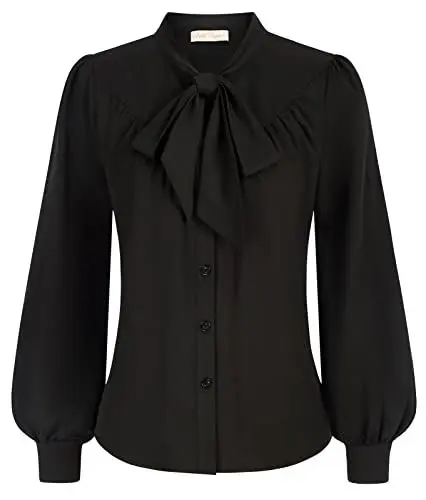 Produktbild: Belle Poque Damen Gothic Stehkragen Puff Langarm Schleifenhemd Schwarz S