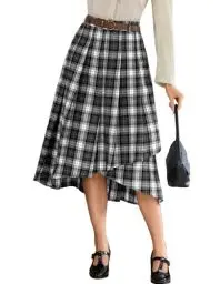 Produktbild: Belle Poque Plaid Rock für Damen Basic Vielseitig Ausgestellt A-Linie Plaid Rock mit Gürtel Midi-Rock Schwarz Kariert BP0004-02 M