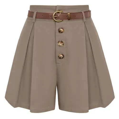 Produktbild: Belle Poque Sommer Casual Wide Leg Shorts mit Gürtel Vielseitig Hohe Taille Locker Geschnittene Baumwoll Shorts Khaki BP0913-03 S