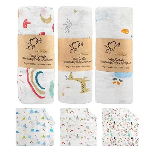 Produktbild: BelleStyle Swaddles Pucksack Baby 0-3 Monate, Größe 120 x 120 cm Weiche Bambus Baumwolle Musselin Babydecke Decken Pucktuch Wrap Baby Duschgeschenk für Neugeborene Junge Mädchen - 3 Stück