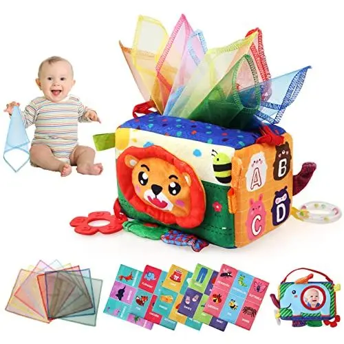 Produktbild: BelleStyle Baby Spielzeug 6 Monate - Tissue Box Montessori Motorikspielzeug Mit 13 Papiere & Spiegel - Sensorik Tücherbox Geschenke für Kinder Jungen Mädchen 0-12 Monate