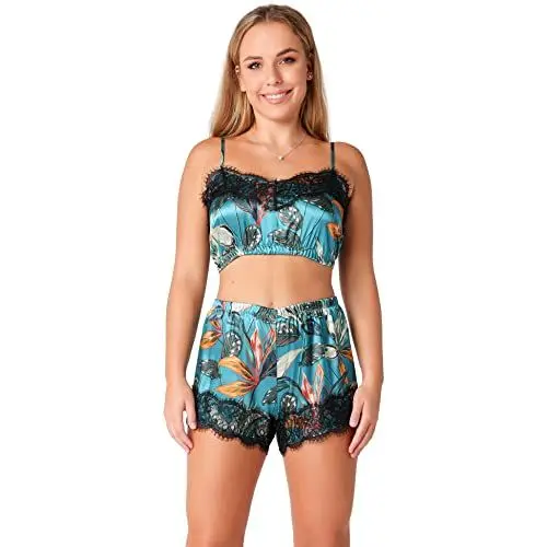Produktbild: Bellivalini Damen Schlafanzug Zweiteiler Top mit Trägern Pyjama aus Satin V-Ausschnitt Muster BLV50-266 (Smaragdblätter, XS)