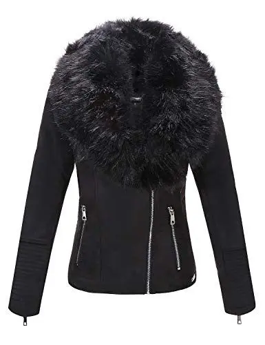 Produktbild: BELLIVERA Damen mantel Kurz Motorrad Wildlederimitat Sherpa Gefütterte Winter Jacket mit Abnehmbarem Pelzkragen SS805 Schwarz L