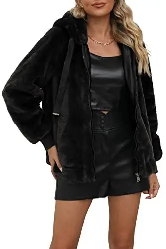 Produktbild: BELLIVERA Damen Kunstfelljacke Kurz Fleecejacke Winter Warme Teddy Mantel mit kapuze 1712014 Schwarz L