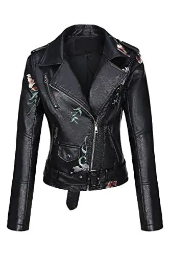 Produktbild: BELLIVERA Damen Kunstlederjacke Herbst Kurz Mantel, Motorrad Biker Drucken Beiläufig Jacke 1702020 Schwarz L