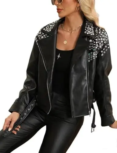 Produktbild: BELLIVERA Damen Kunstlederjacke Moto Biker Kurzer Frühlingsmantel Casual PU mit Gürtel 3219 Schwarz S