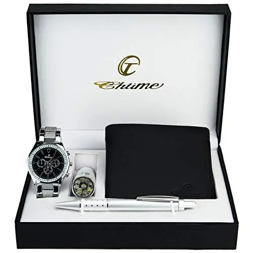 Produktbild: BELLOS Geschenkbox mit Herrenuhr, Schwarz, LED-Lampe – Geldbörse, Eingabestift, Schwarz, 42, Armband, Schwarz, 42, Armband
