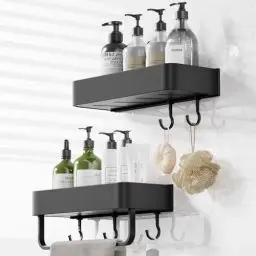 Produktbild: Bellovero Duschablage Ohne Bohren,2 Stück Rostfreies Duschregal ohne Bohren,Badregal aus Aluminiumlegierung mit Waschlappen und Haken,Leichter Badezimmer Organizer Großer Kapazität (Schwarz)
