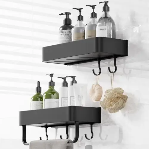 Produktbild: Bellovero Duschablage Ohne Bohren,2 Stück Rostfreies Duschregal ohne Bohren,Badregal aus Aluminiumlegierung mit Waschlappen und Haken,Leichter Badezimmer Organizer Großer Kapazität (Schwarz)