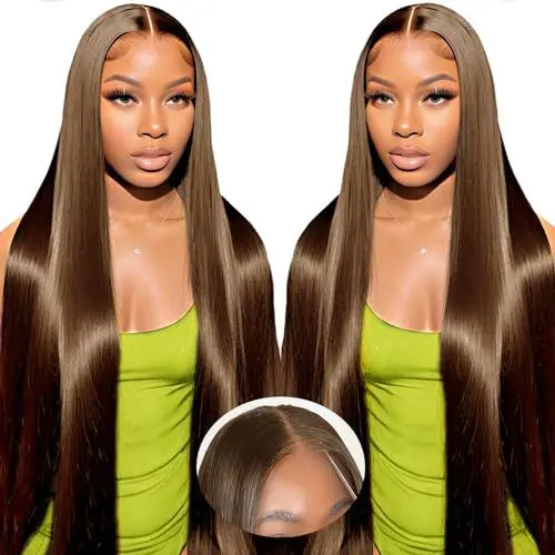 Produktbild: Beluck Wear And Go Glueless Wig Human Hair Chocolate Brown Straight 5x6 Pre Cut Perücke Damen Echthaar, Echte Haare Perücke Locken Brazilian Wig 22 Zoll