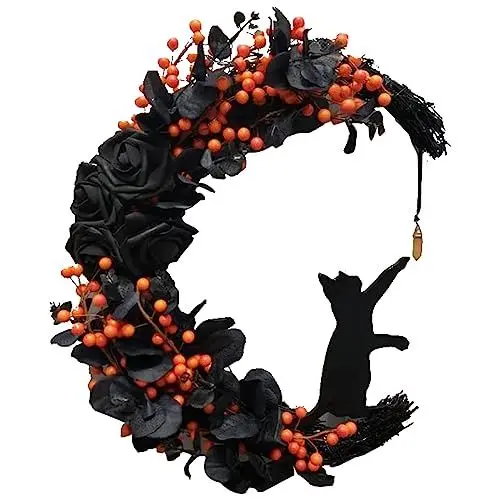 Produktbild: belupai Halloween-Kränze für die Haustür, 35,6 cm, Gothic-Rosenmond-Katzenkranz, Schwarze Dekorationen, Halloween-Girlande, Gothic-Kranz, Dekorationen für Haustür, Fenster, Wanddekoration(#1)