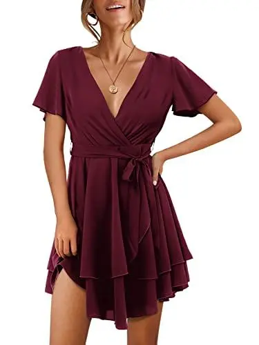 Produktbild: Beluring Damen Kleid Rüschenärmel Wickelkleid Minikleid Flowy Schwingen Mehrlagiges Kleid Rotwein XL