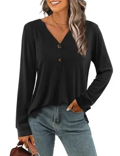Produktbild: Beluring Damen Blusen Basic Langarm Einfarbig T-Shirt Sexy V-Ausschnitt Tunika Shirts Schwarz XL