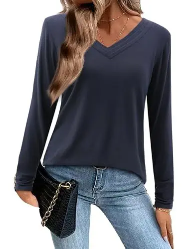 Produktbild: Beluring Damen Tshirt Langarm Casual Shirt V Ausschnitt Einfarbig Oberteile Marineblau XL